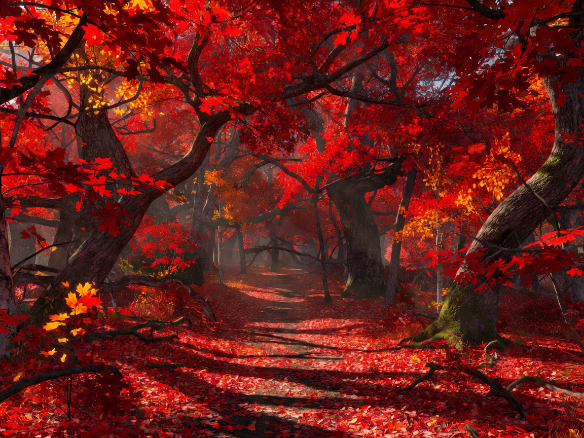 Fiery Autumn Crimson Forest Game Card Preview exhibiting vivid elven red-wood canopies